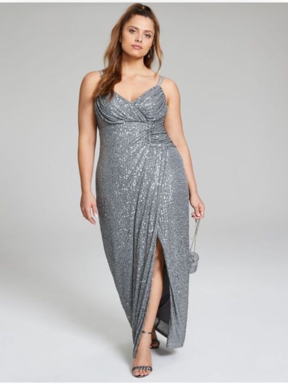 City Studios Metallic Ruched Formal Maxi Gown Gunmetal Silver 18W - Like New